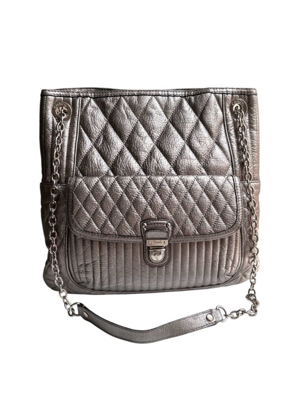 Coach Poppy 19854 Slim Leather Quilted Metallic Platinum Shoulder Tote